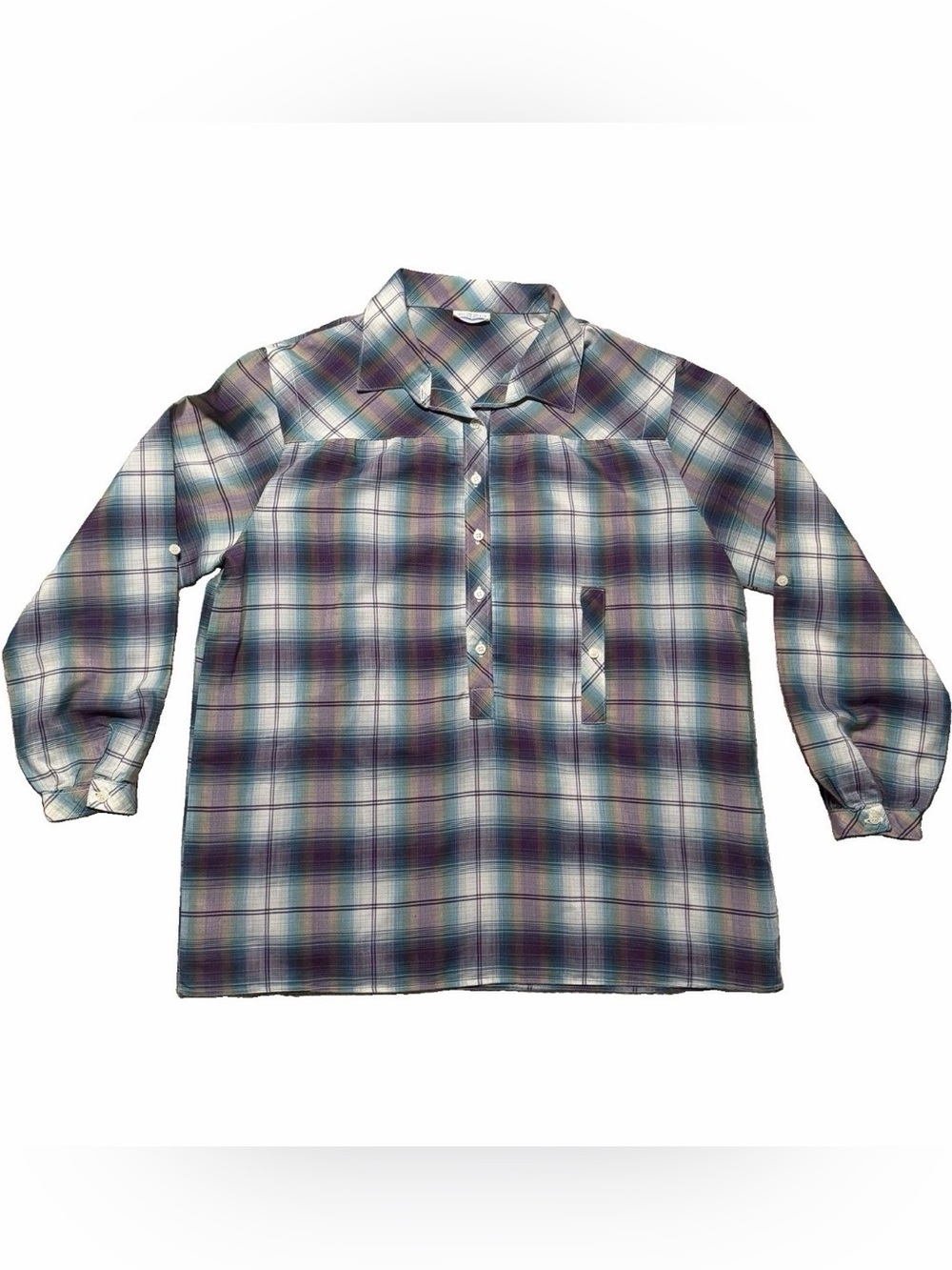 Vintage Levi Strauss Women Button Up Shirt Tunic Plaid Green Purple White
